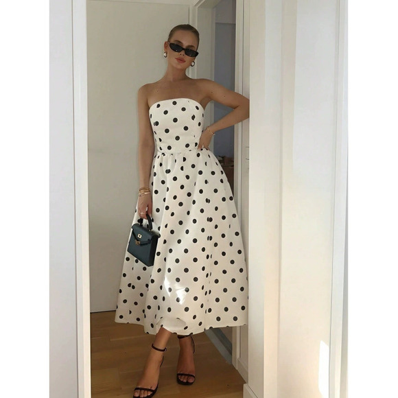 Dresses & Skirts - ZARA Women Polka Dot Print Strapless Waist Defining A Line Maxi Dress